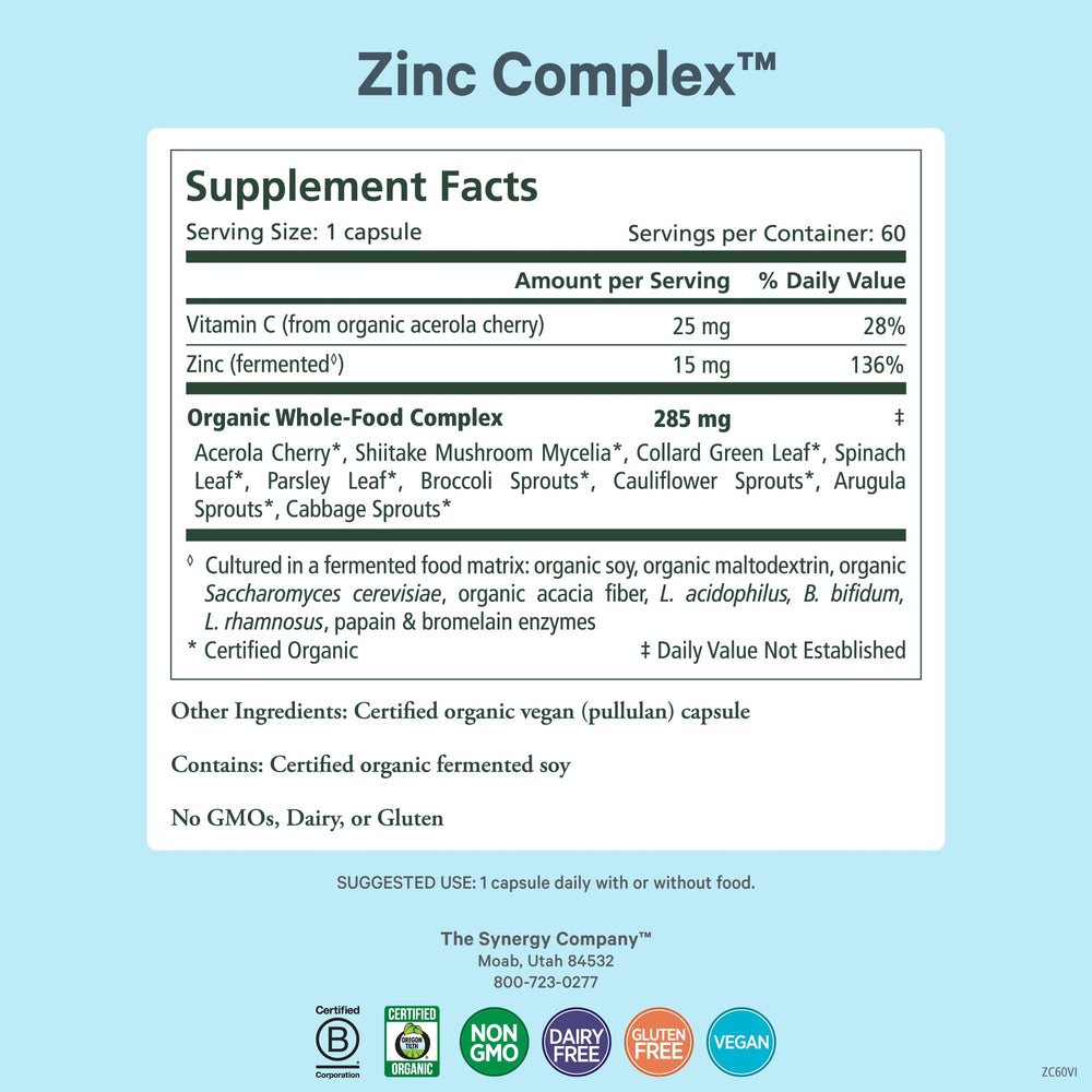 PURE SYNERGY Zinc Complex label close-up with vitamin C and cofactors.