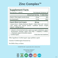 PURE SYNERGY Zinc Complex label close-up with vitamin C and cofactors.