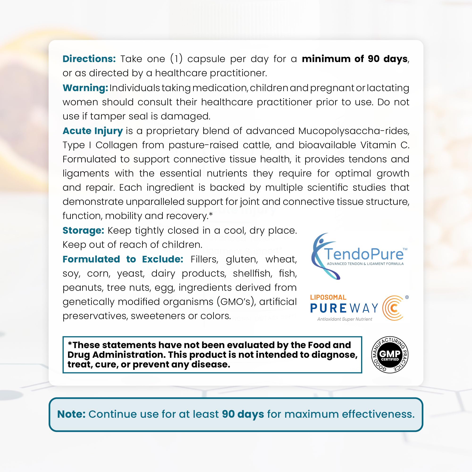 Front label of Pure Therapro Rx Acute Injury indicating clinical-grade tendon health support