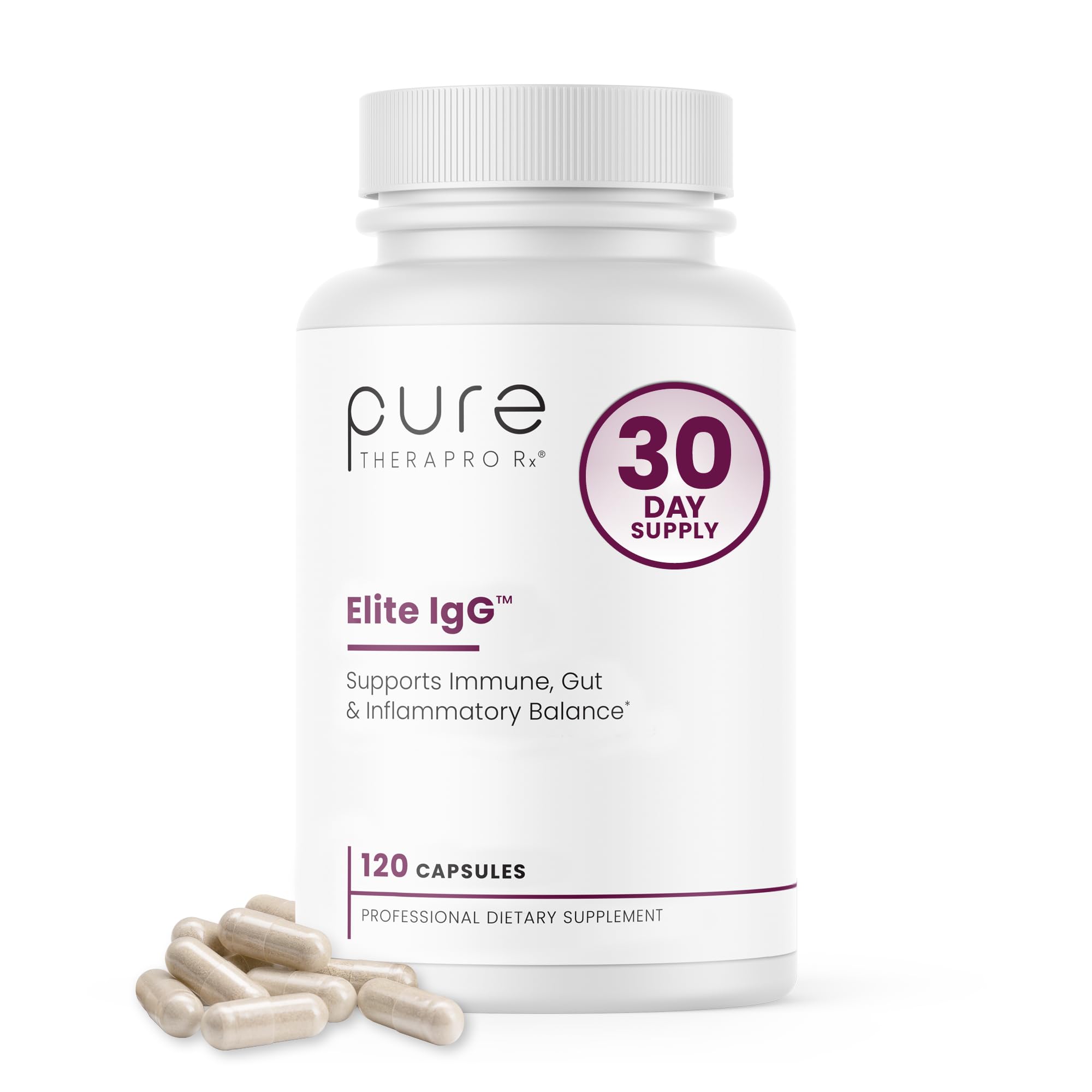 Pure Therapro Rx Elite IgG Immunoglobulin bottle with dairy-free formula for gut support.