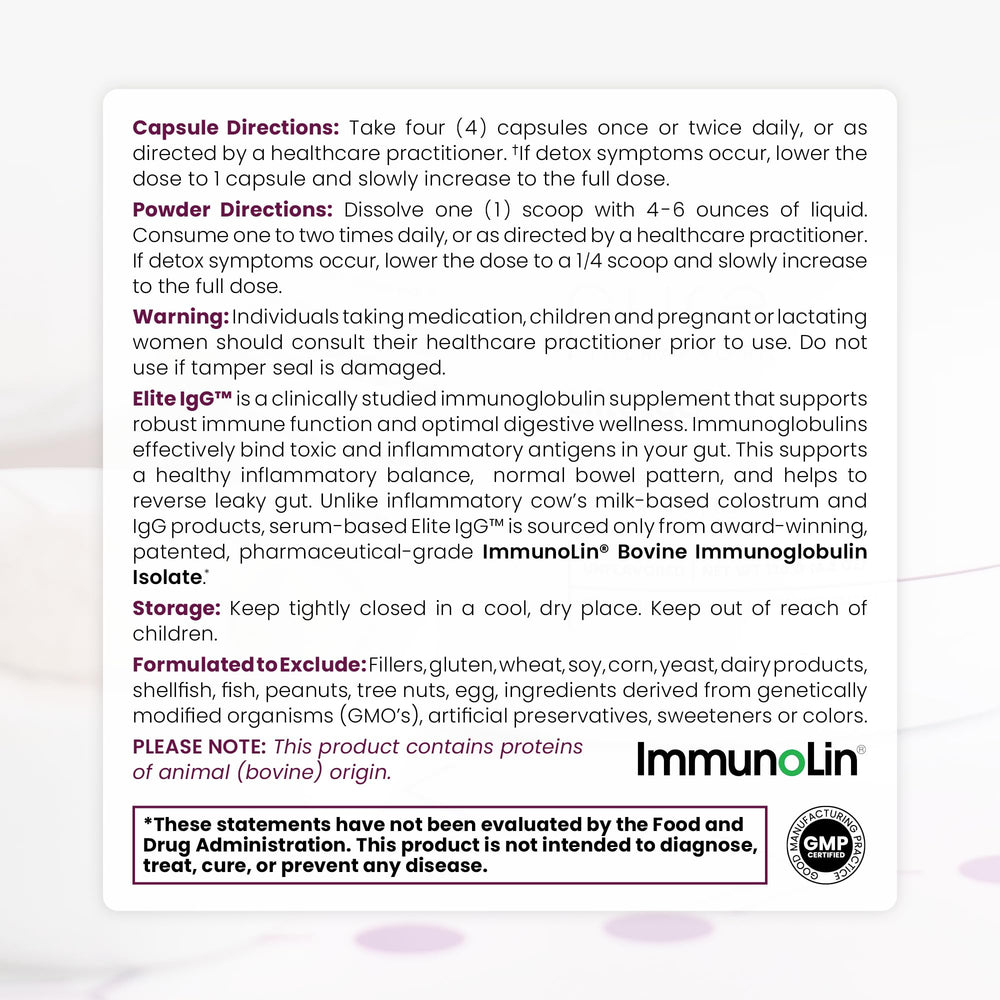 Pure Therapro Rx Elite IgG label close-up showing 1100 mg IgG per serving.