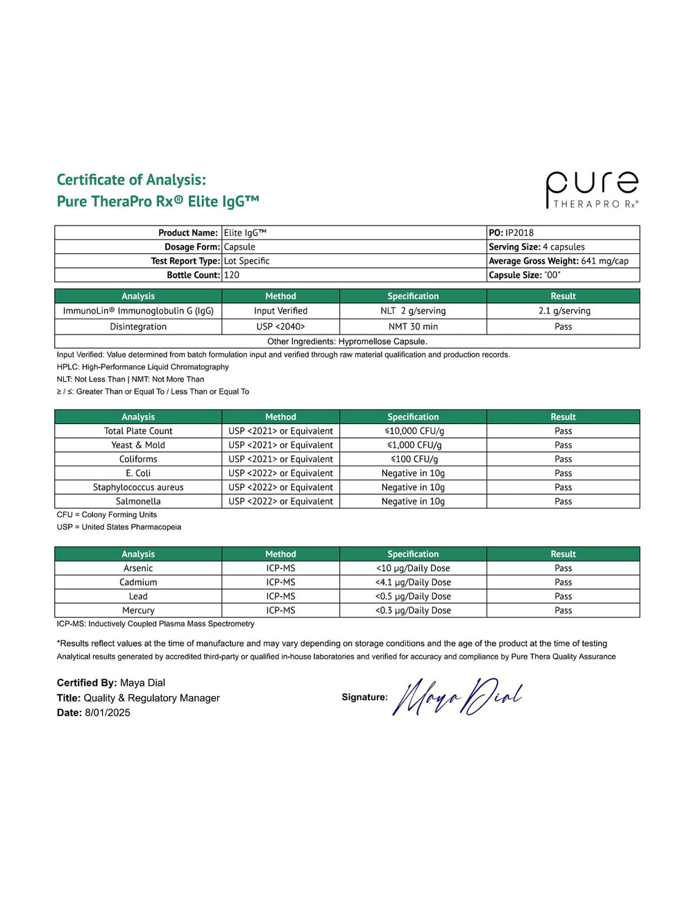 Pure Therapro Rx Elite IgG capsules in a morning routine setup for consistency.