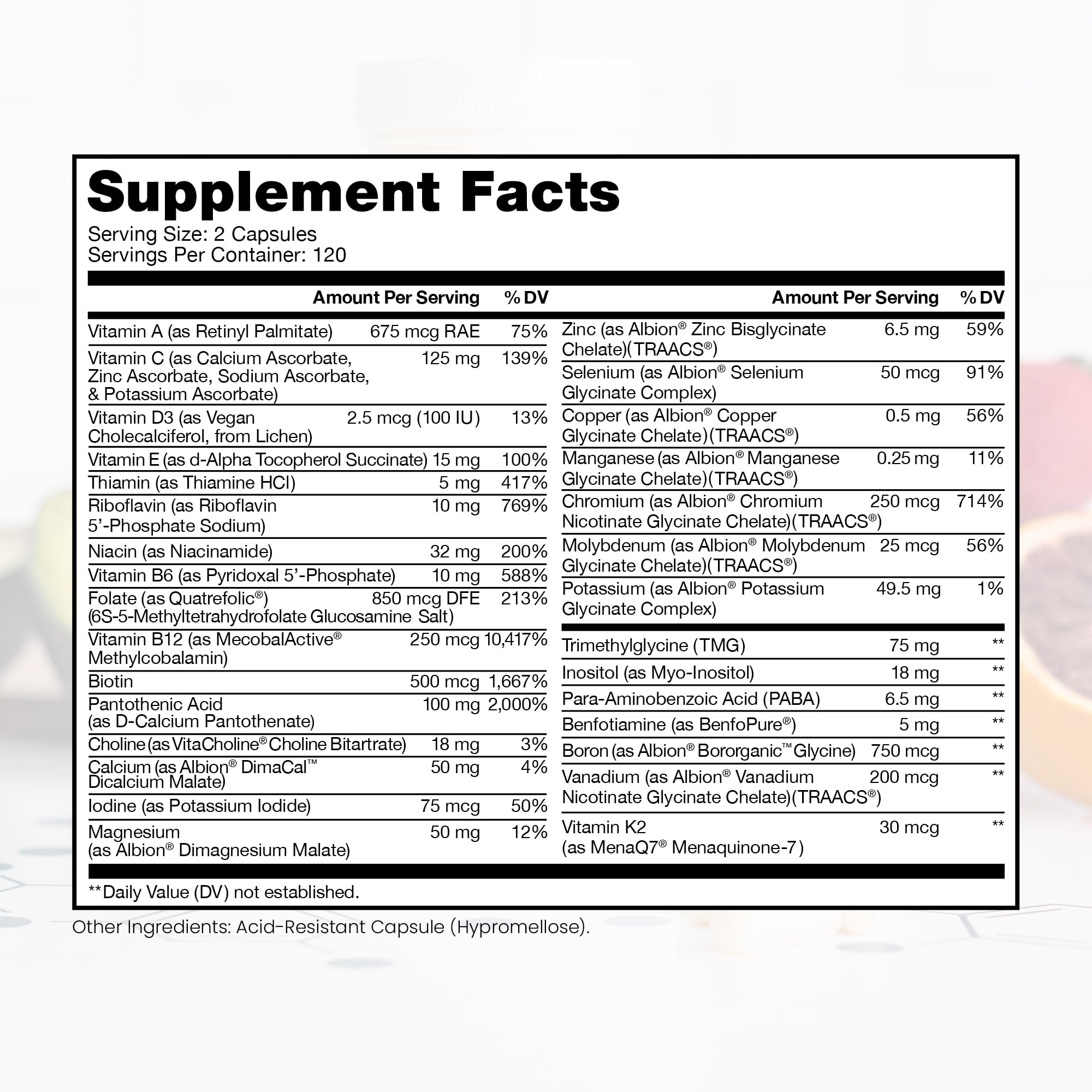 Pure Therapro Rx Methyl Multi capsules closeup highlights pre-methylated B12 and Folate