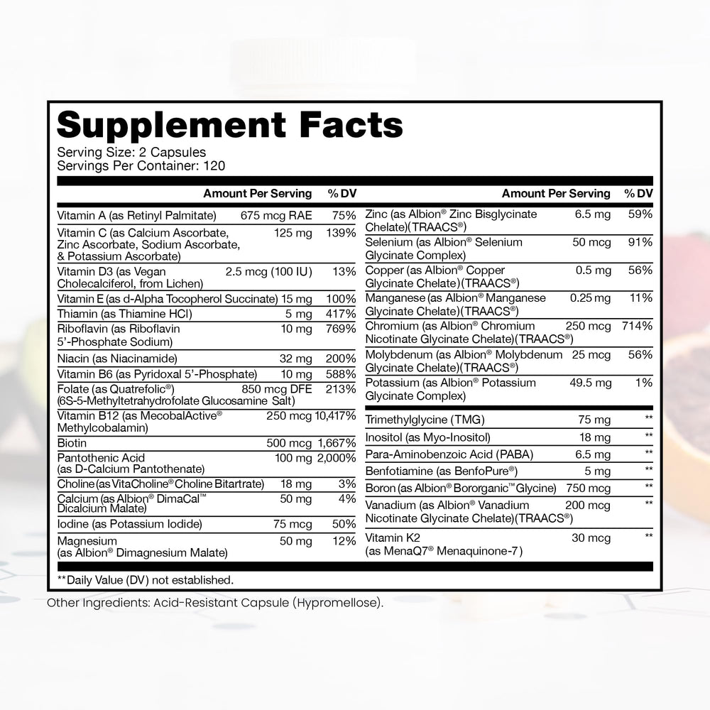 Pure Therapro Rx Methyl Multi capsules closeup highlights pre-methylated B12 and Folate