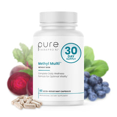 Pure Therapro Rx Methyl Multi without Iron bottle on table; daily wellness possibility.