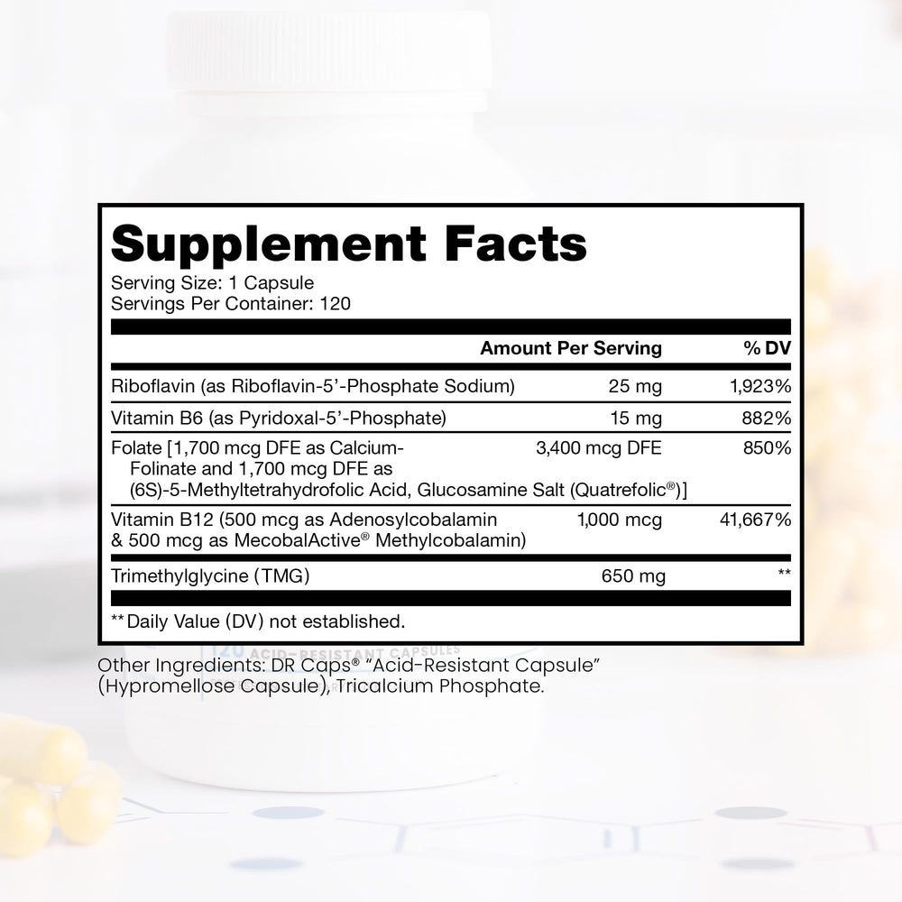 Pure Therapro Rx methylated B Complex capsules in bottle—easy to swallow daily methylation support.