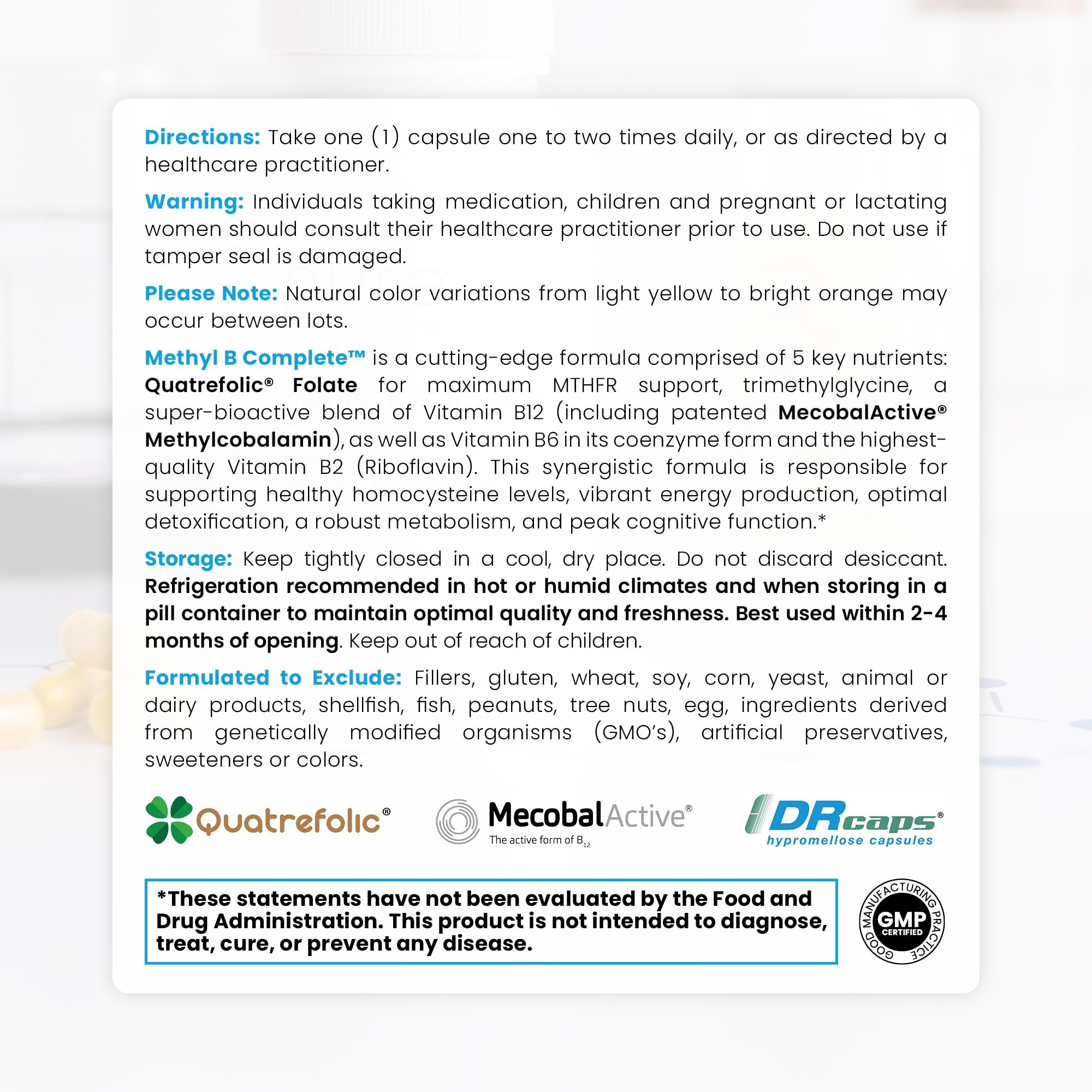 Pure Therapro Rx Methyl B Complex label close-up shows 5-MTHF for enhanced folate activation.