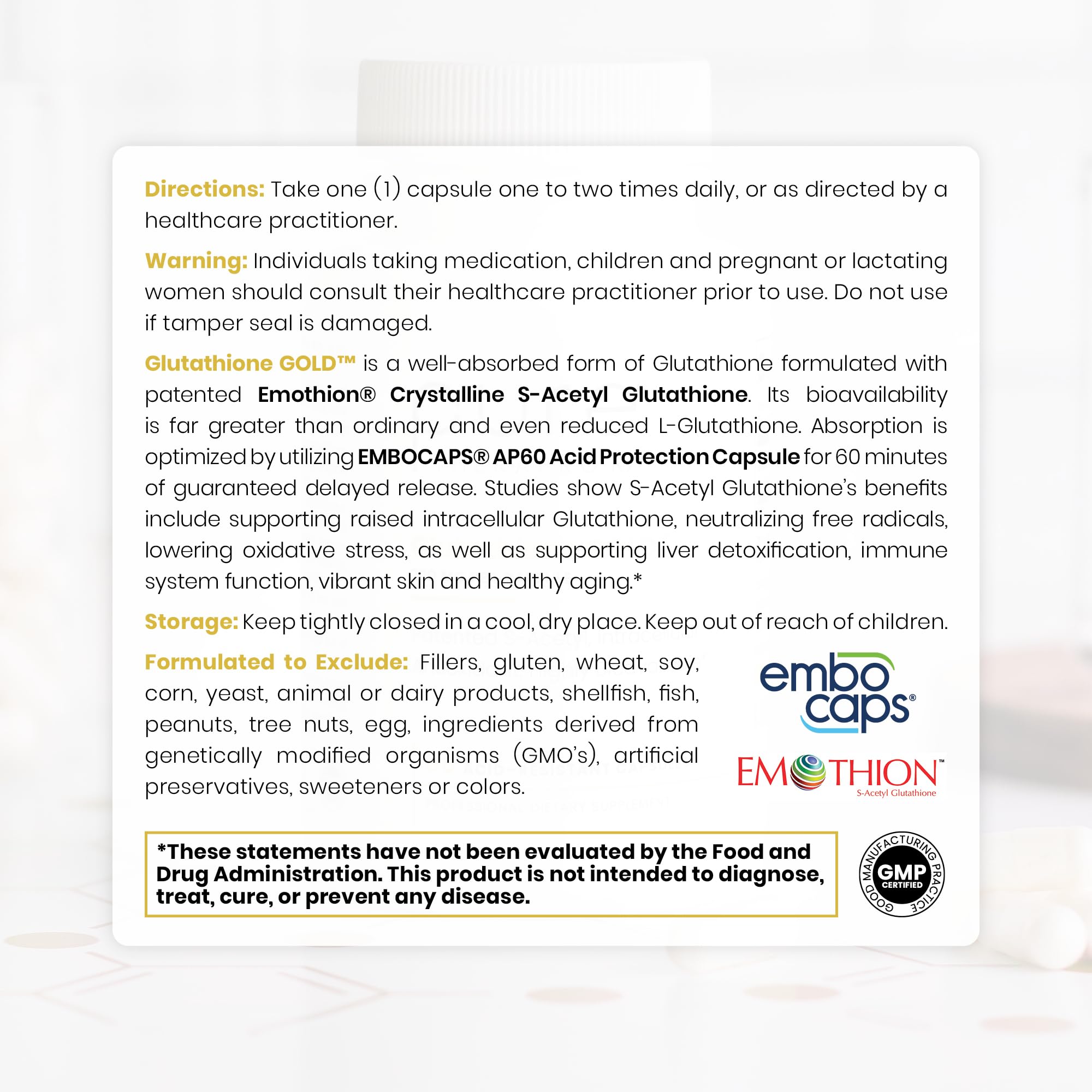 Pure Therapro Rx S-Acetyl Glutathione Gold label detailing EMOTHION patented form and vegan capsules