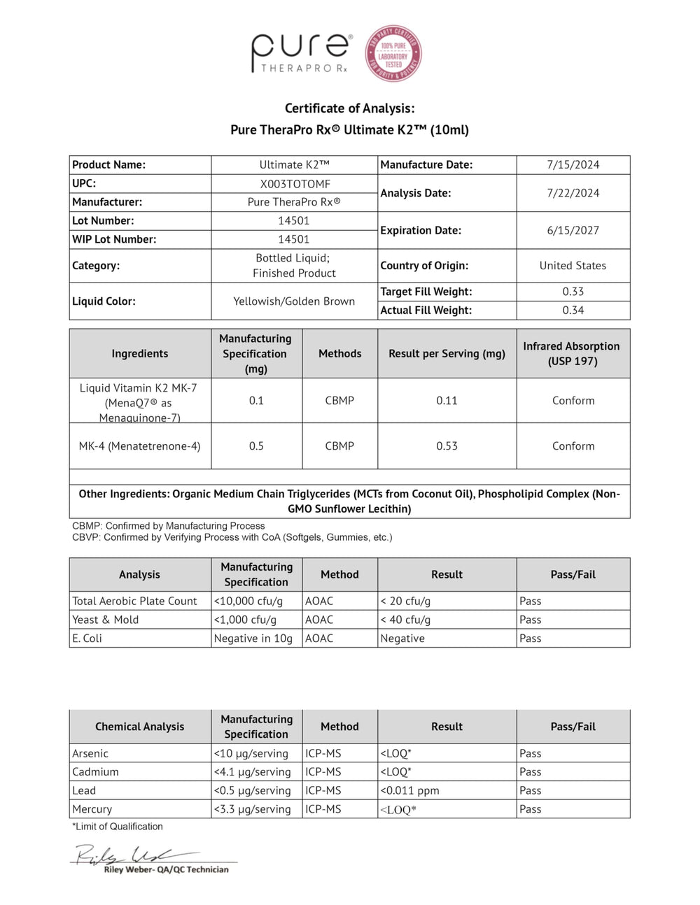 Label notes Pure Therapro Rx Ultimate K2 with liposomal MK-7 and MK-4 for enhanced bioavailability.
