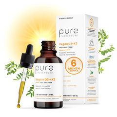 Pure Therapro Rx vegan D3 + K2 bottle label highlighting liposomal delivery for improved absorption