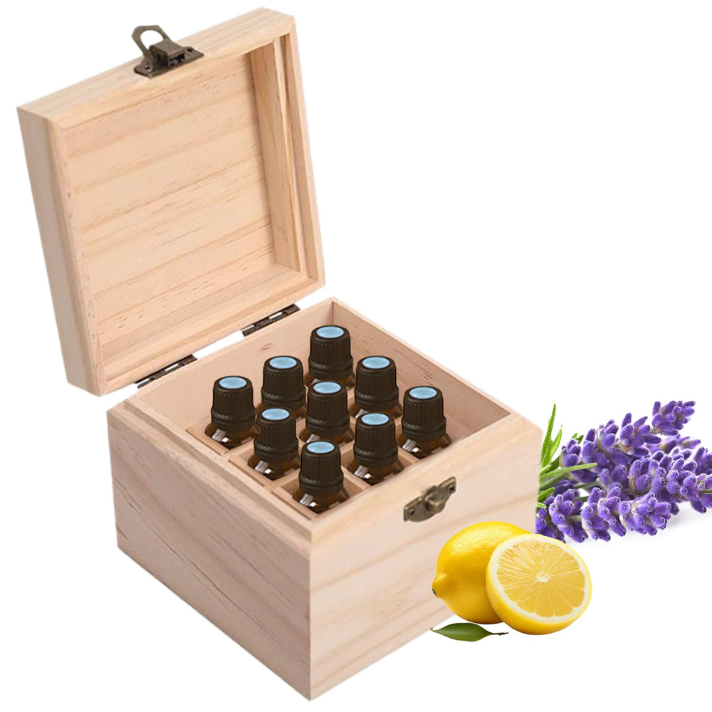 Pure Vie wooden oil box with open lid keeps oils ready for easy selection.