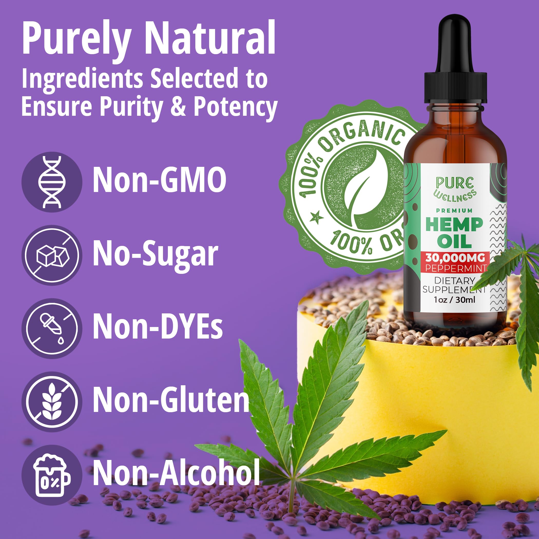 Pure Wellness hemp oil bottle with dropper conveys easy non-habit forming daily use