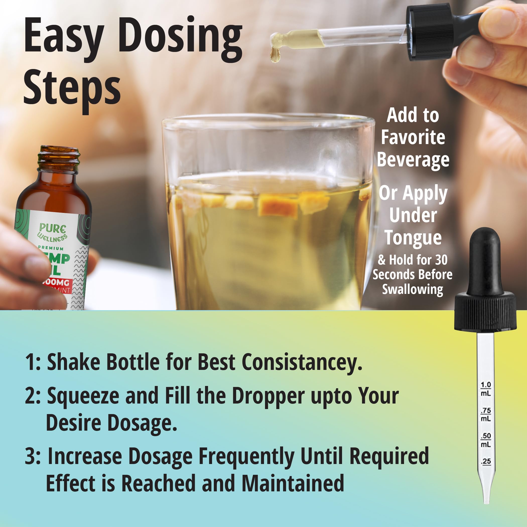 Pure Wellness Hemp Seed Oil peppermint glass bottle showcases high potency and clean vegan formulation