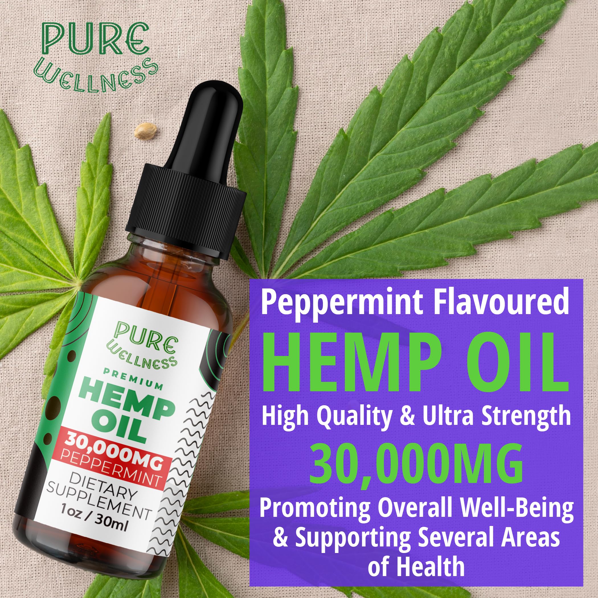 Pure Wellness Organic Hemp Seed Oil packaging box emphasizes organic sourcing and non-GMO integrity