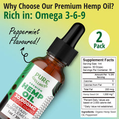 Pure Wellness Organic Hemp Seed Oil peppermint label closeup highlights transparent dosage and premium ingredients