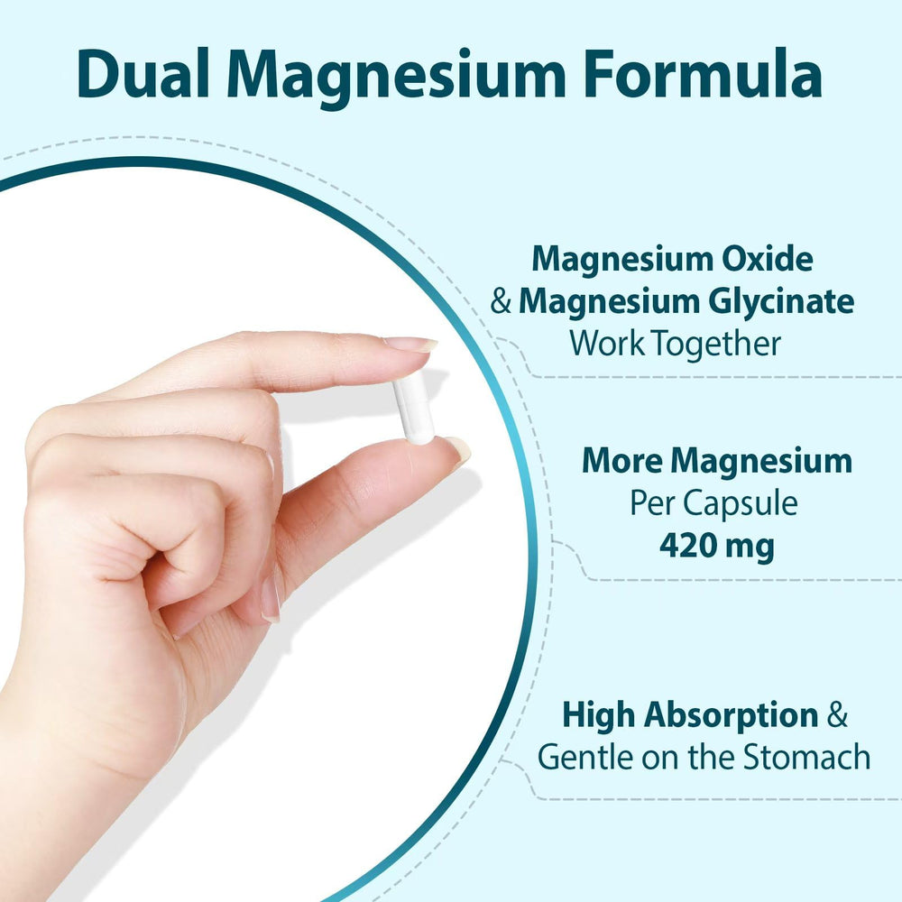 Close-up of PureBotan magnesium oxide and glycinate capsules for high absorption