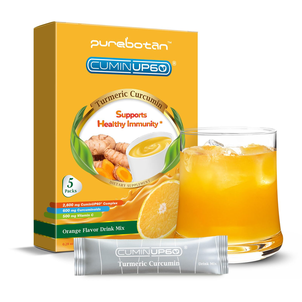 PureBotan turmeric curcumin orange shot packet ready to mix for immune support
