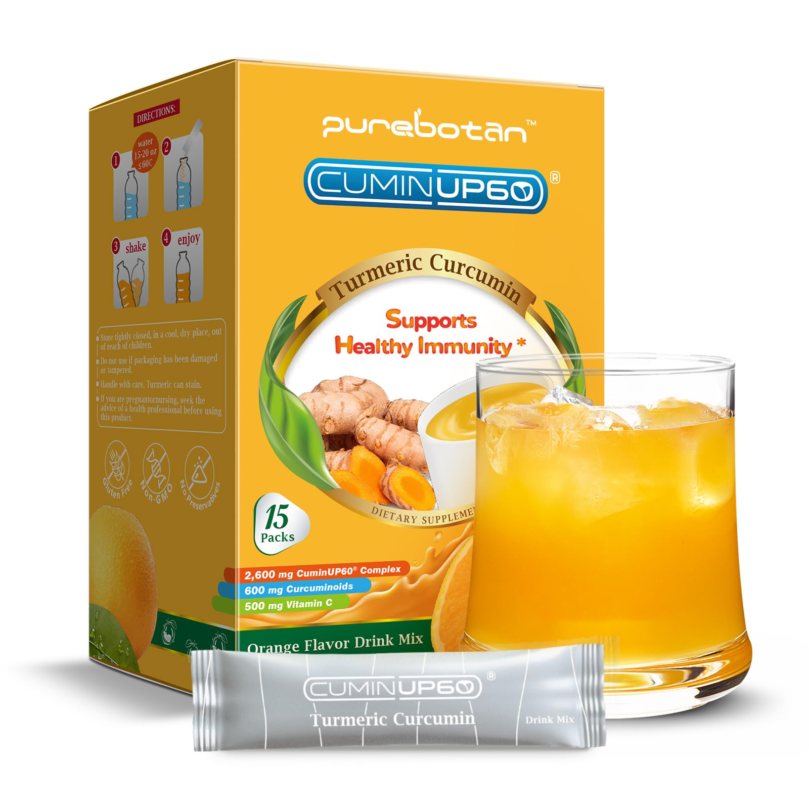 PureBotan turmeric drink orange shot packets for quick immune support.