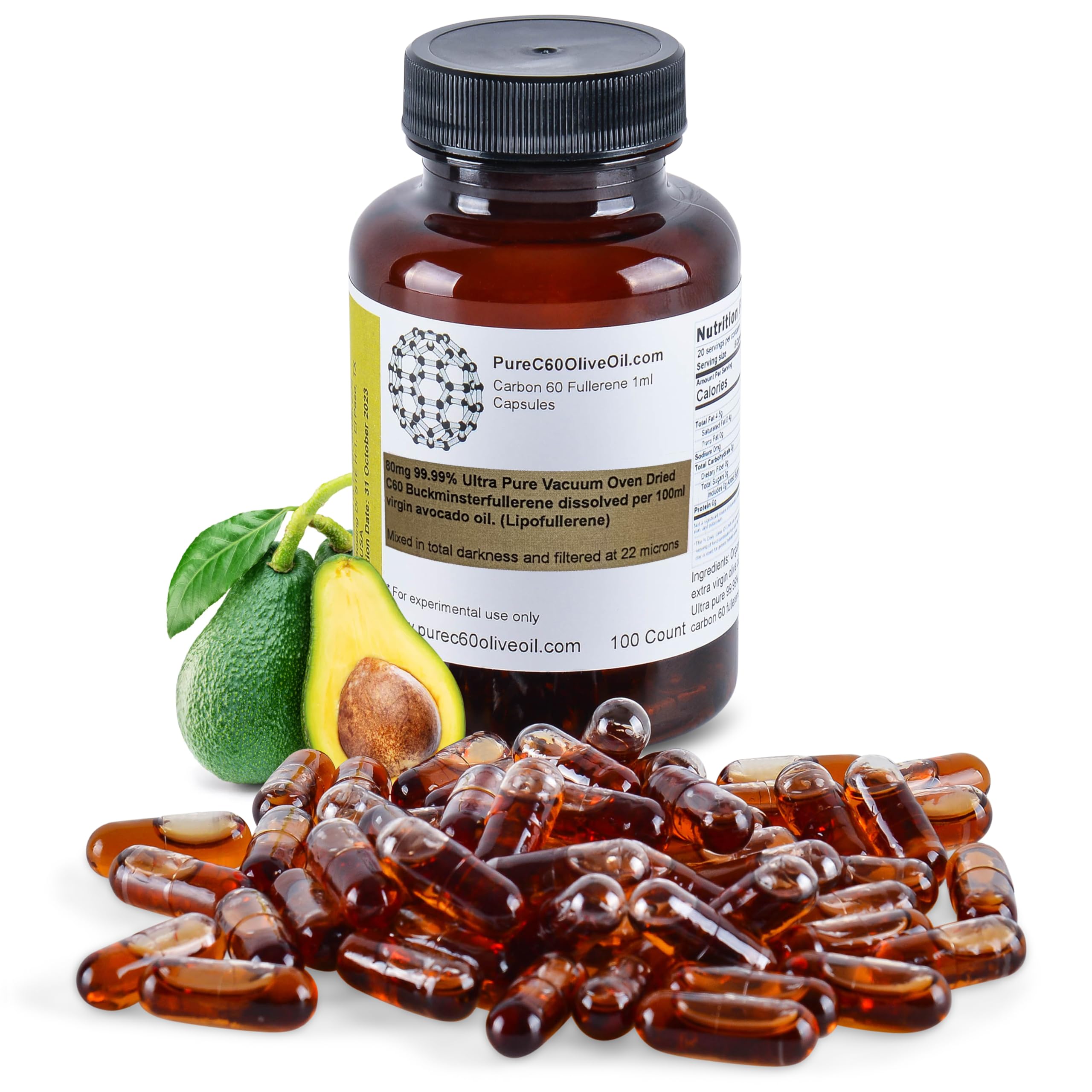 PureC60 Avocado Oil Capsules bottle for easy daily supplementation.