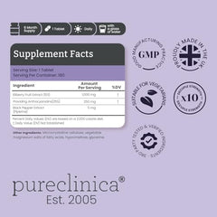 PureClinica Bilberry tablets close-up showing 1000mg potency