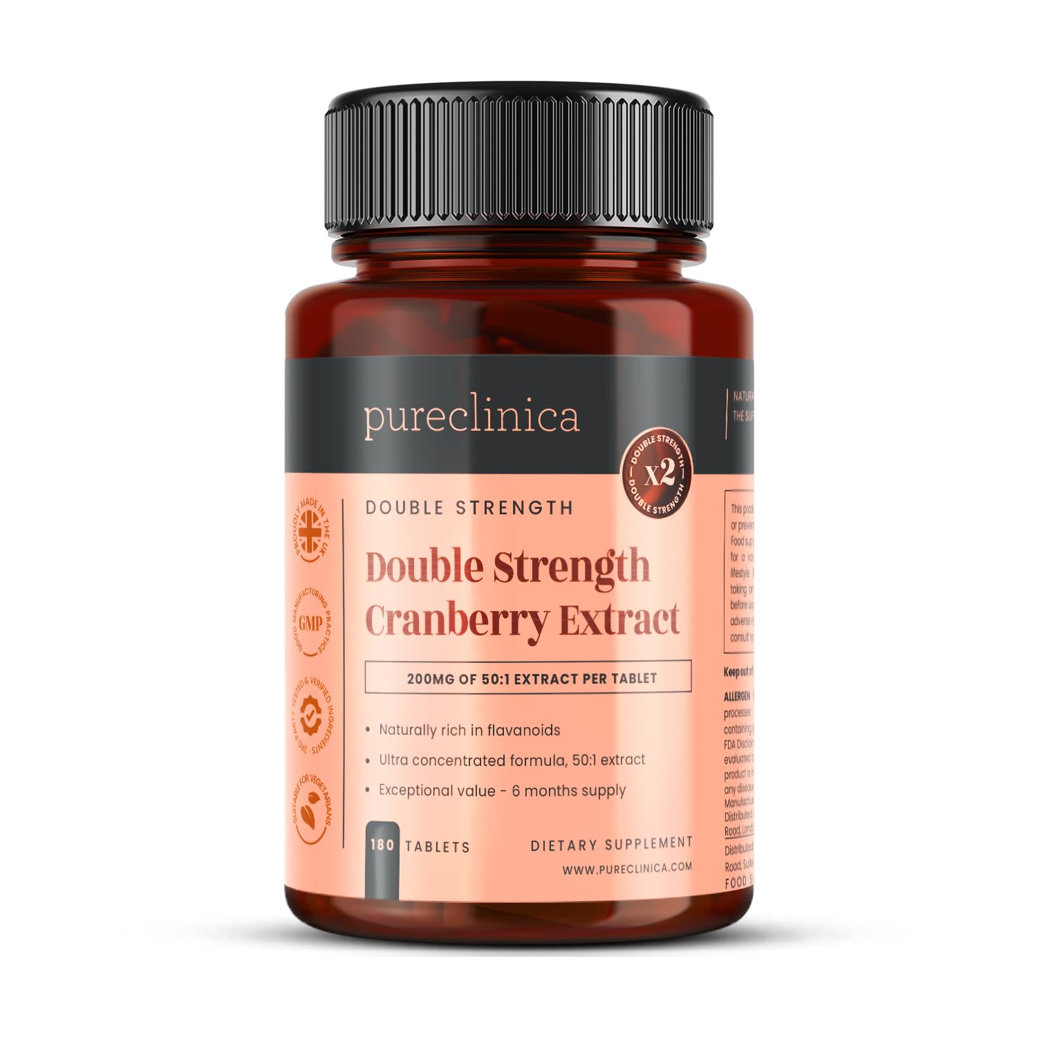 PureClinica Double Strength Cranberry Tablets bottle shows potent, sugar-free daily supplement.