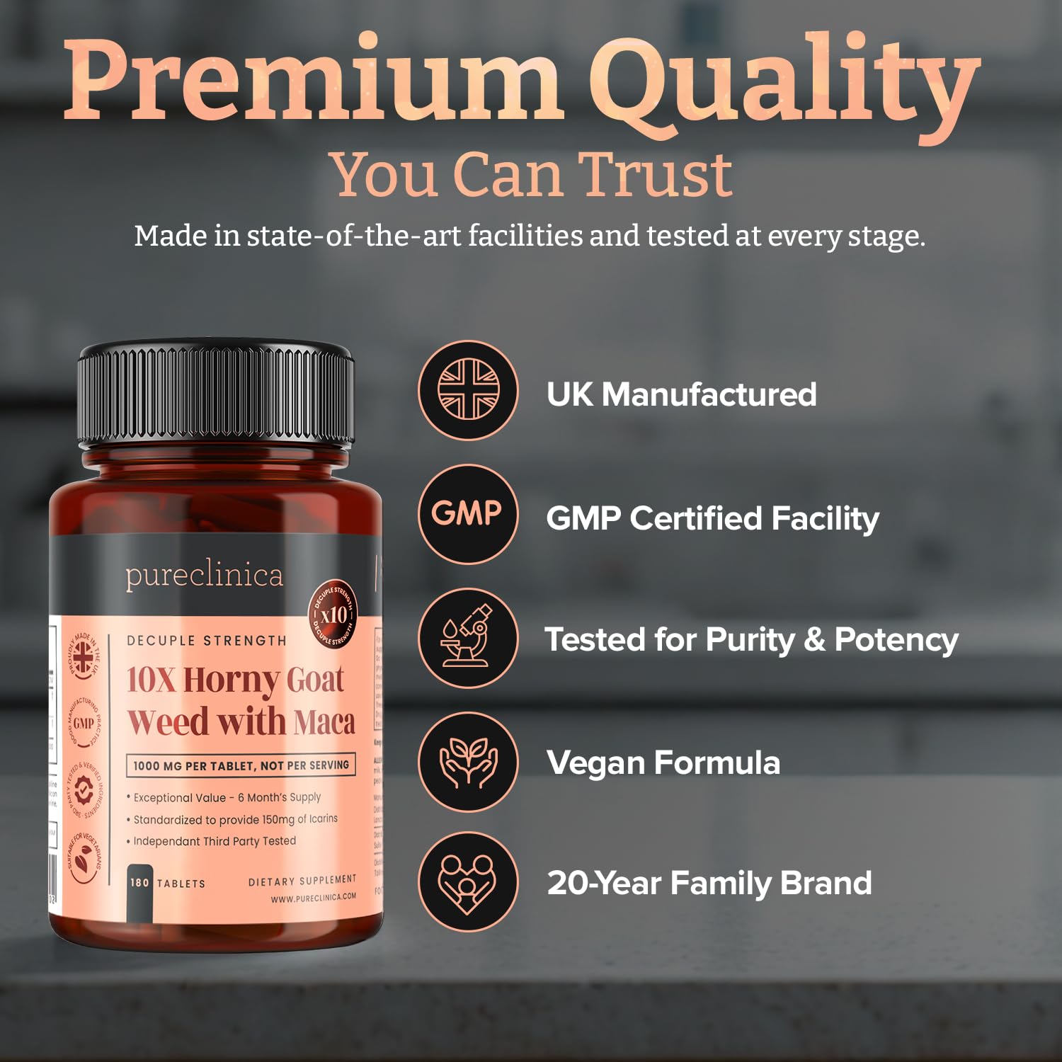 PureClinica Maca extract tablet close-up hinting stamina support.