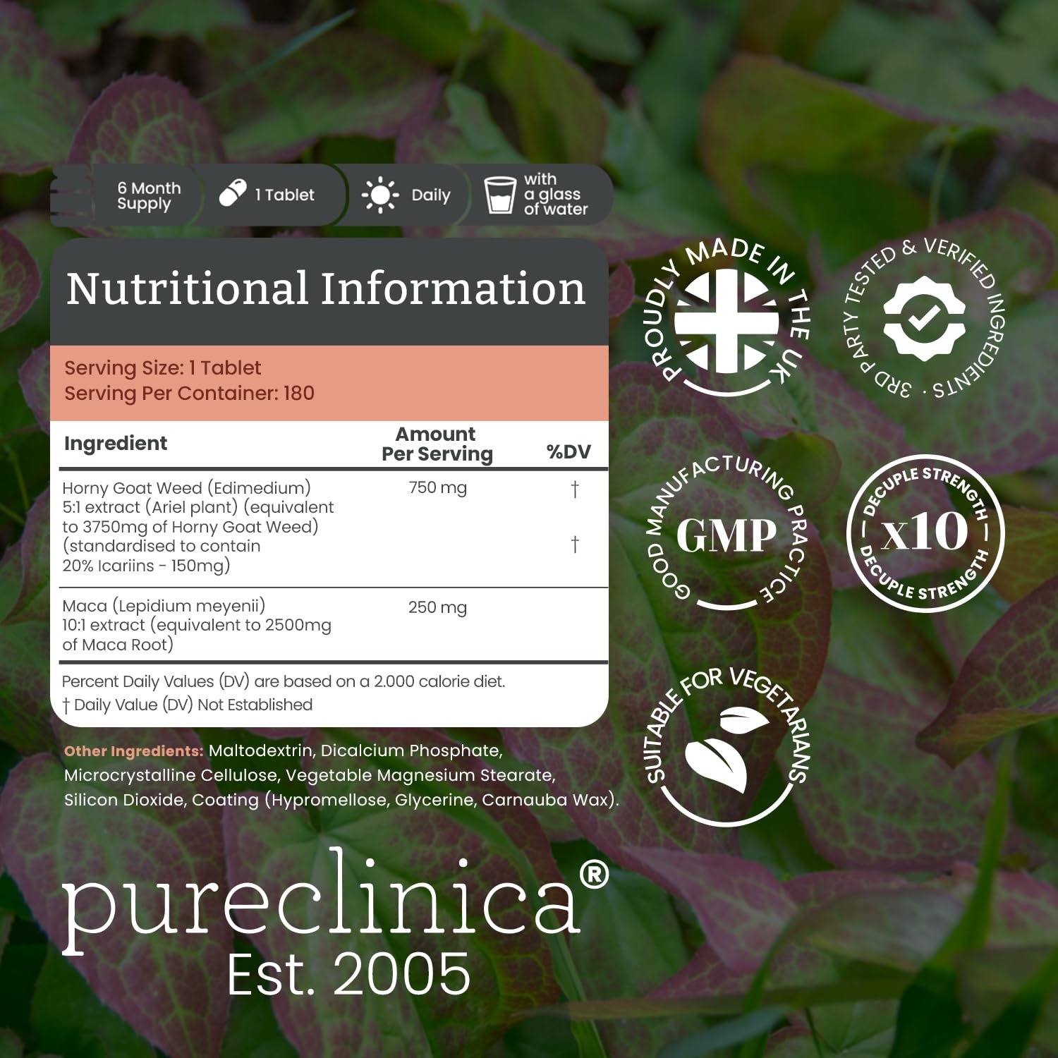PureClinica Maca tablet close-up highlighting 10:1 extract per tablet for strength