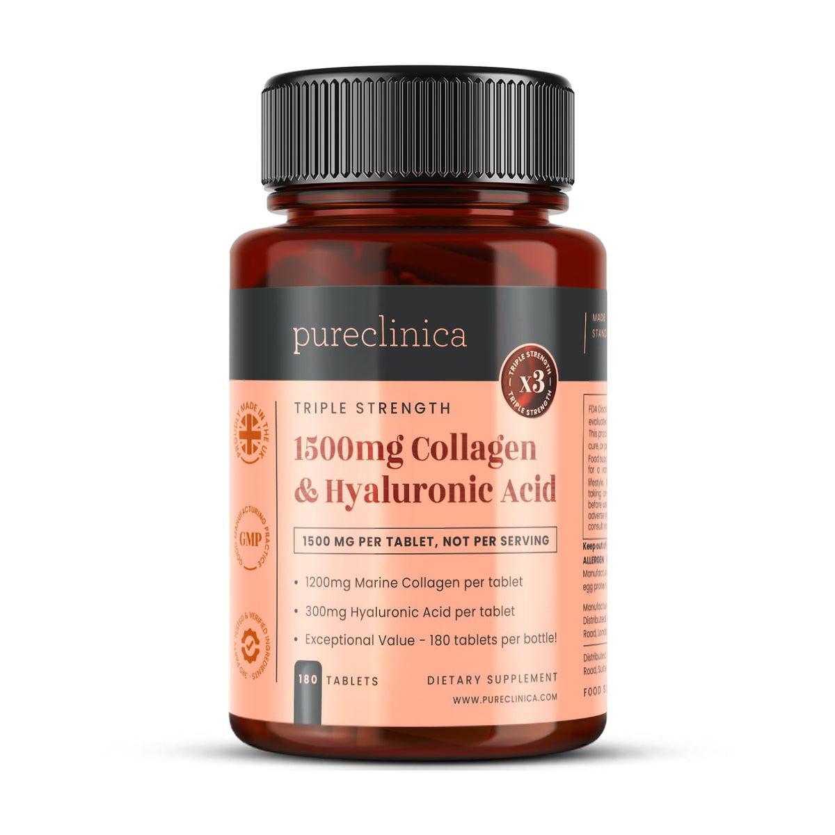 PureClinica UltraColl bottle front showing premium packaging for daily collagen and hyaluronic acid.