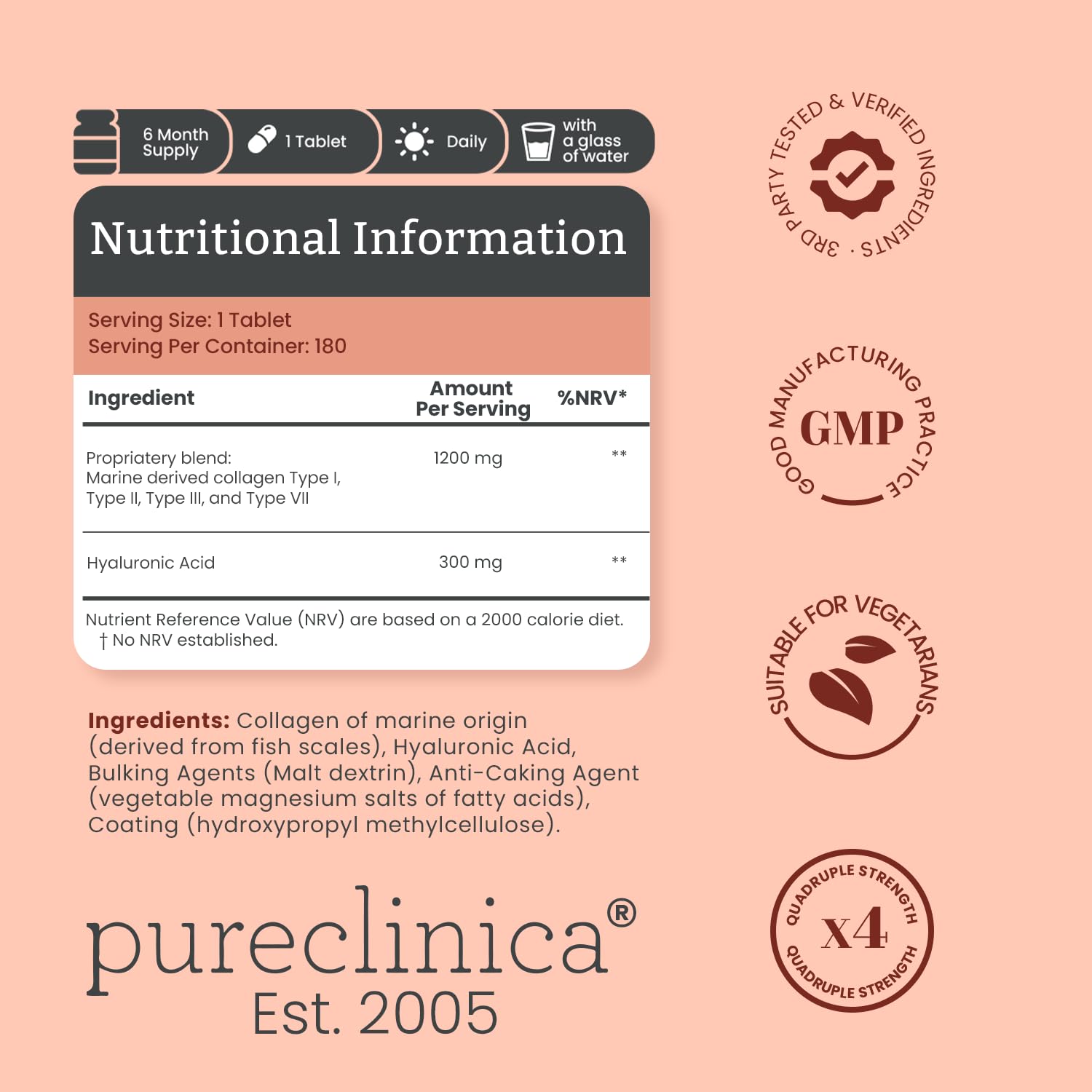 PureClinica UltraColl tablets closeup highlighting high-dosage 1500mg per tablet.