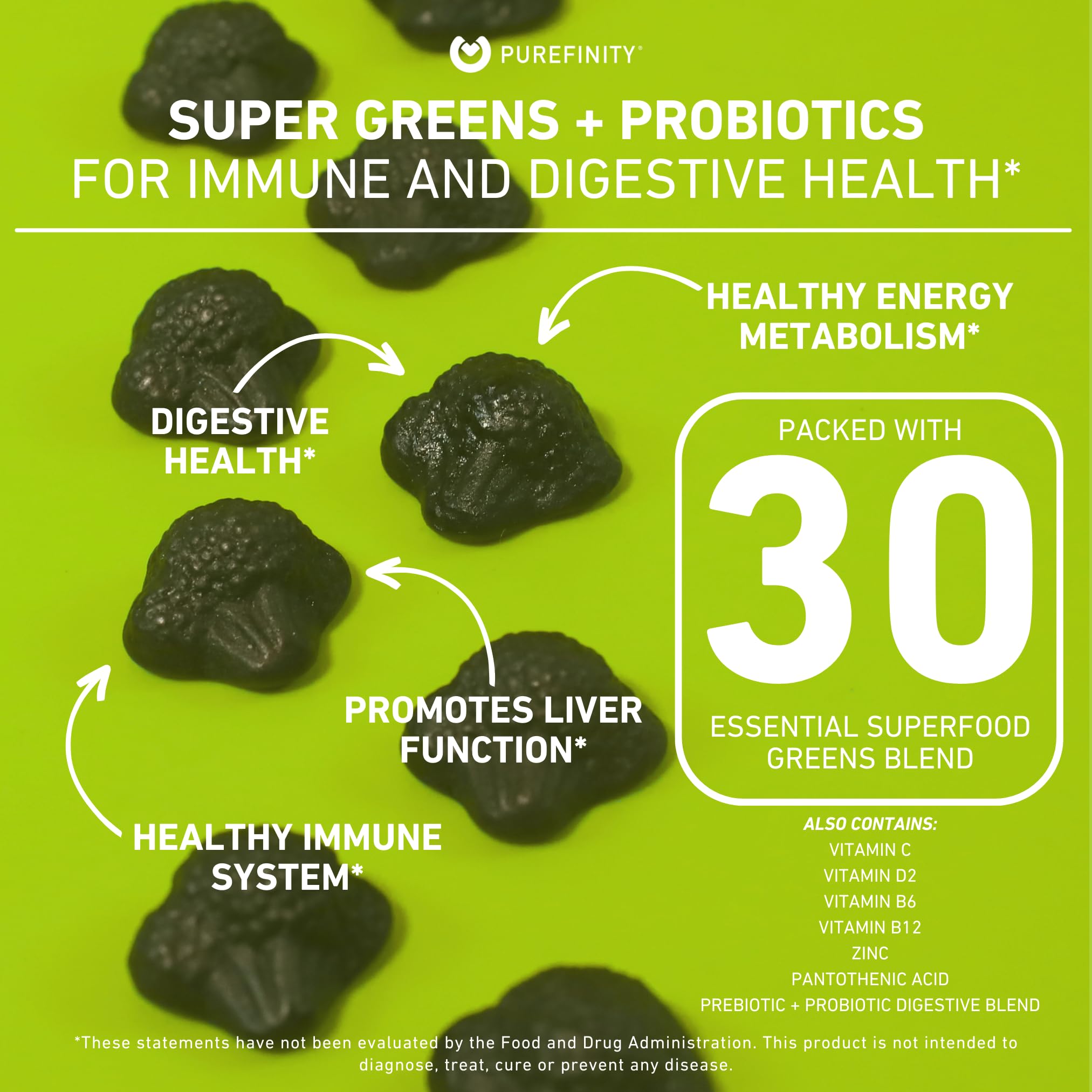 PUREFINITY Daily Greens Gummies berry flavor close-up supports enjoyable daily nutrition.