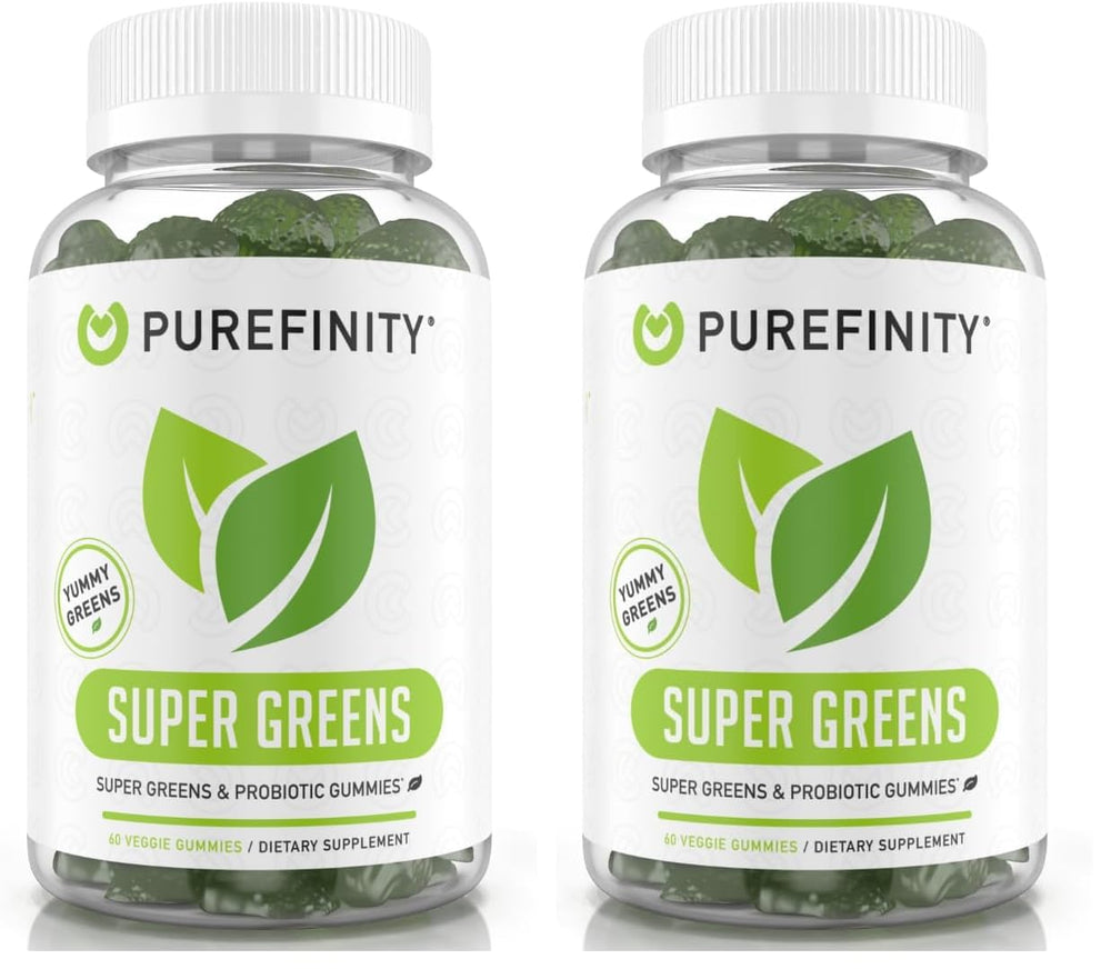 PUREFINITY Daily Super Greens Gummies bottle front with berry flavor for daily immune and energy support.