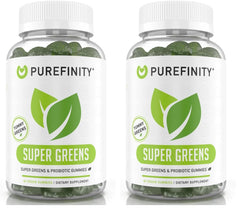 PUREFINITY Daily Super Greens Gummies bottle front with berry flavor for daily immune and energy support.