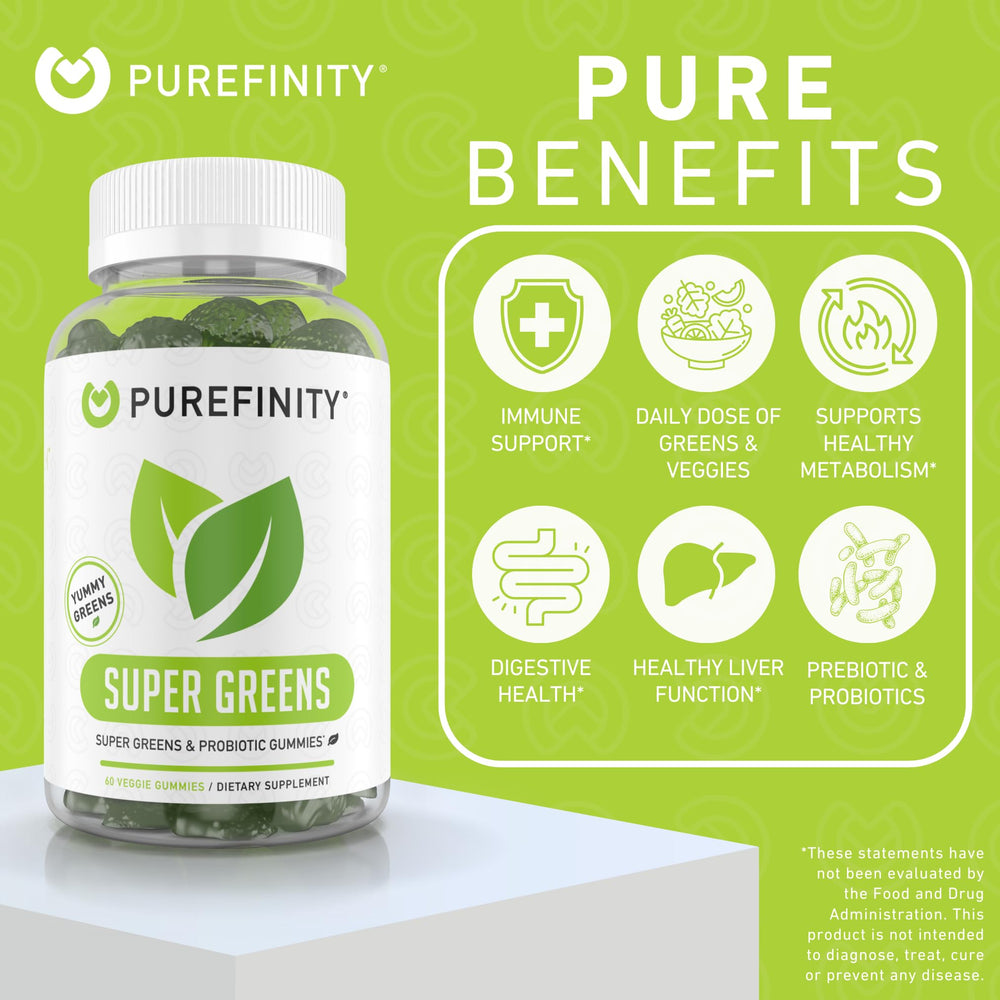 PUREFINITY Daily Greens Gummies ingredients close-up highlights spirulina and spinach for daily wellness.