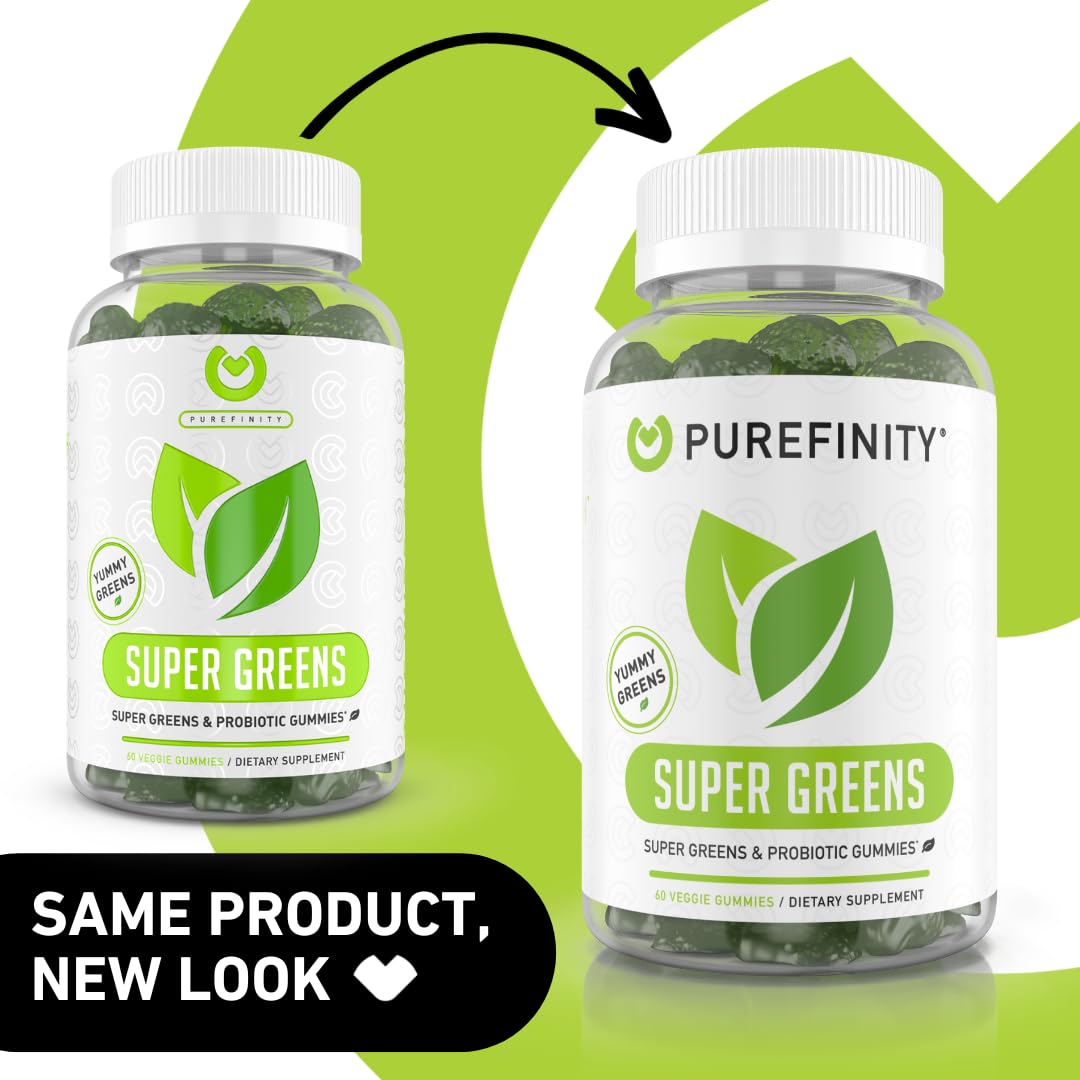 PUREFINITY Daily Super Greens Gummies label closeup showing non-GMO, gluten-free, vegan formulation.