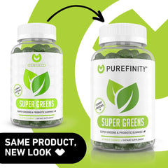 PUREFINITY Daily Super Greens Gummies label closeup showing non-GMO, gluten-free, vegan formulation.