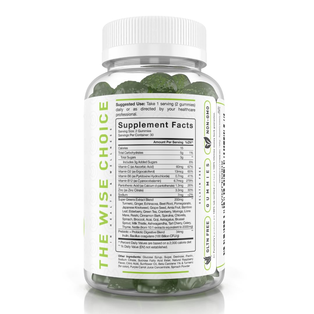 PUREFINITY serving suggestion with gummies next to glass illustrates easy daily routine for consistent greens intake.