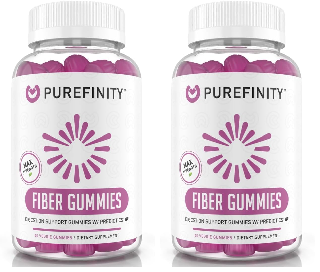 PUREFINITY Fiber Gummies bottle front highlighting sugar-free prebiotic support for daily digestion