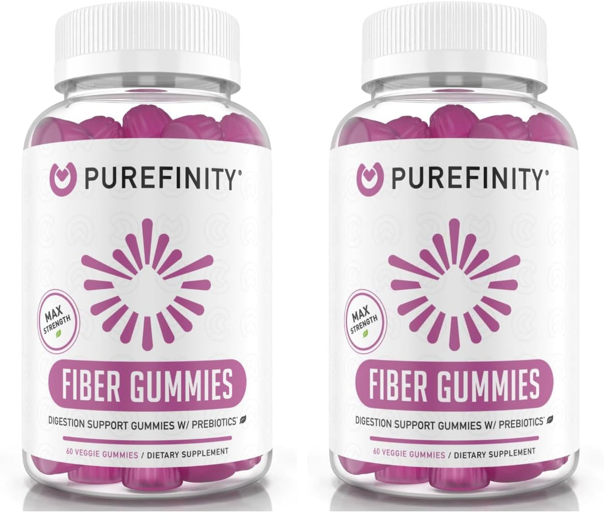 PUREFINITY Fiber Gummies bottle front highlighting sugar-free prebiotic support for daily digestion