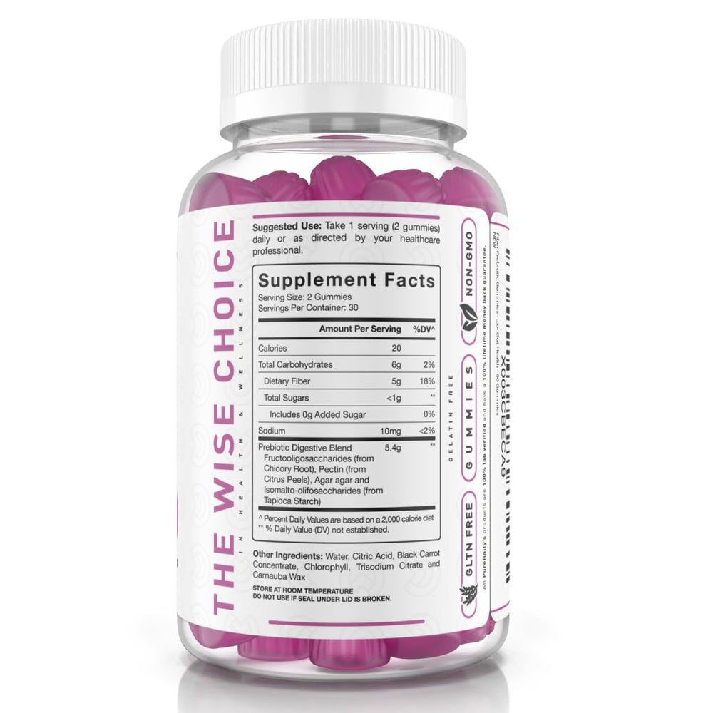 PUREFINITY Fiber Gummies kid-friendly bottle beside school snack invites family use