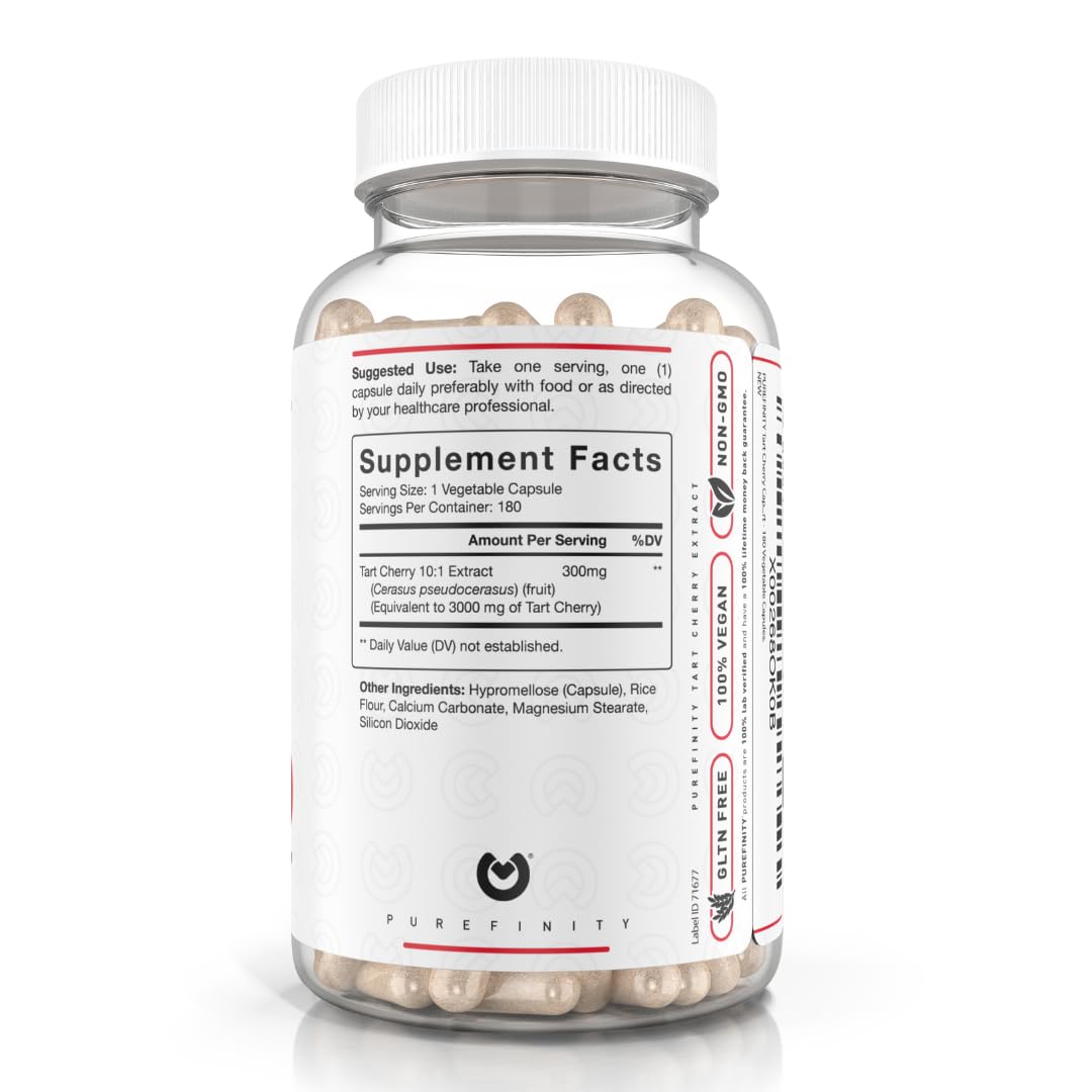 PUREFINITY Tart Cherry bottle on a clean counter for a healthy lifestyle.