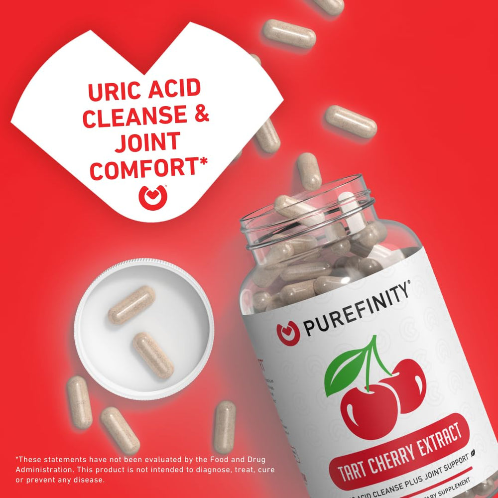 PUREFINITY Tart Cherry capsules close-up showing 3000 mg extract per serving.