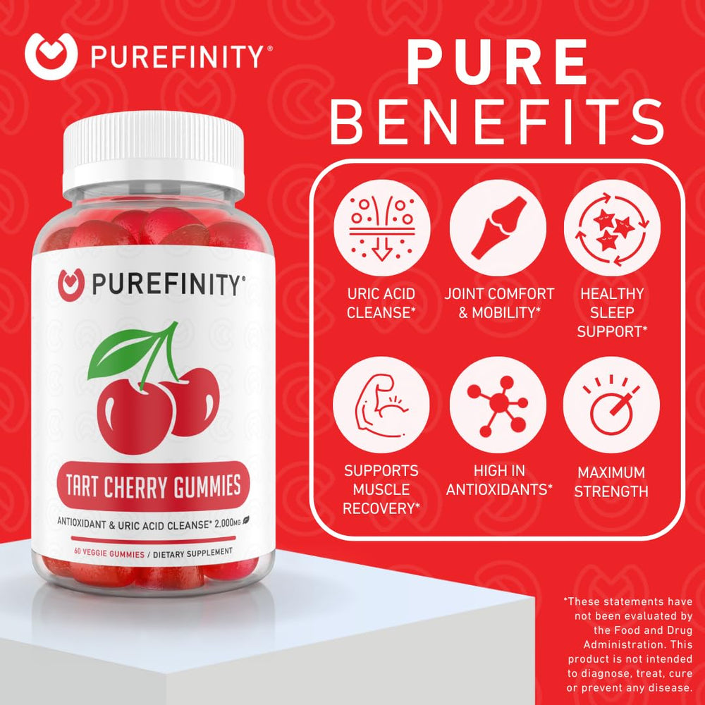 PUREFINITY Tart Cherry Gummies gummy-texture close-up shows chewy daily wellness bites.