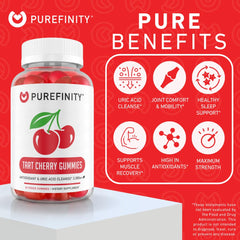 PUREFINITY Tart Cherry Gummies gummy-texture close-up shows chewy daily wellness bites.