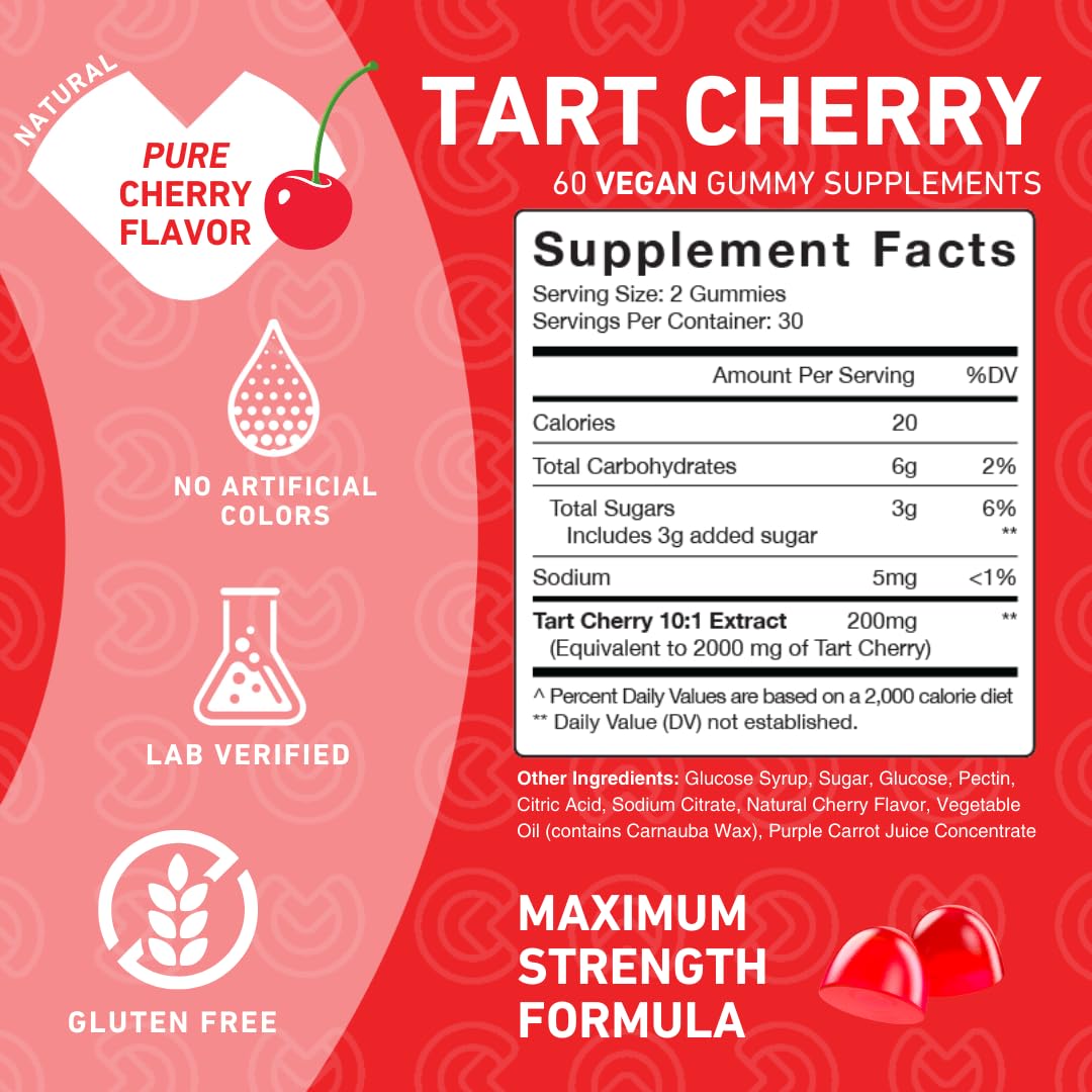 PUREFINITY Tart Cherry Gummies label highlights non-GMO, gluten-free vegan formula.