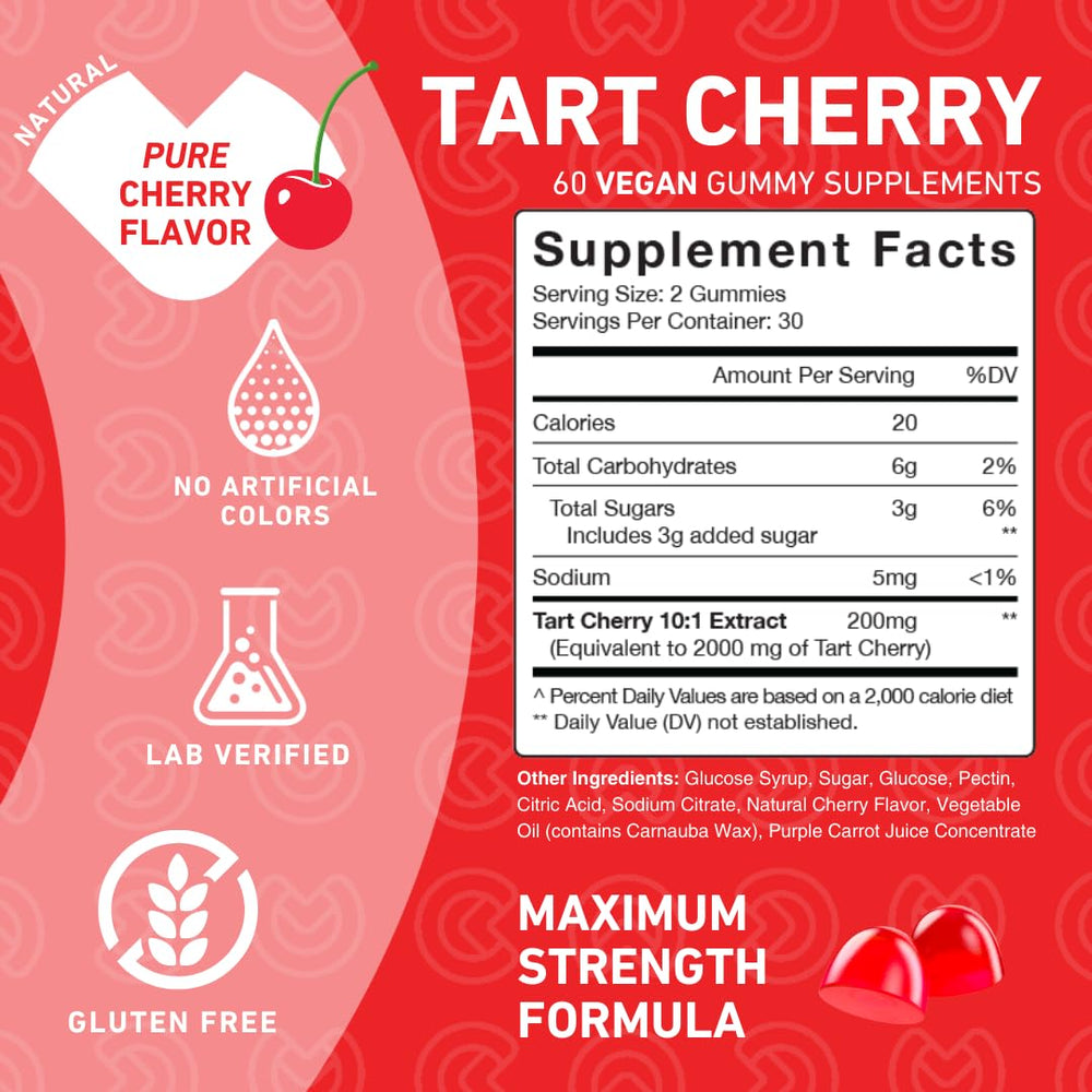 PUREFINITY Tart Cherry Gummies label highlights non-GMO, gluten-free vegan formula.