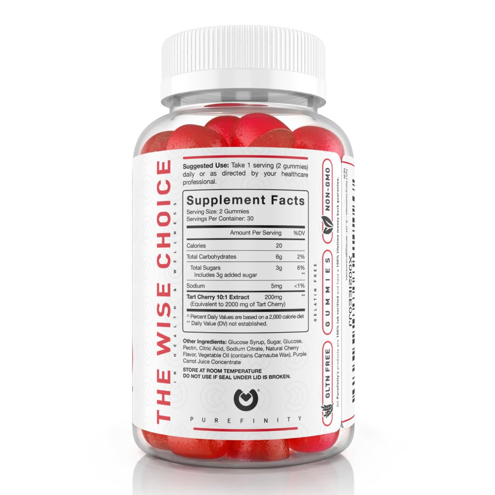 PUREFINITY Tart Cherry Gummies 60-count packaging ideal for home use.