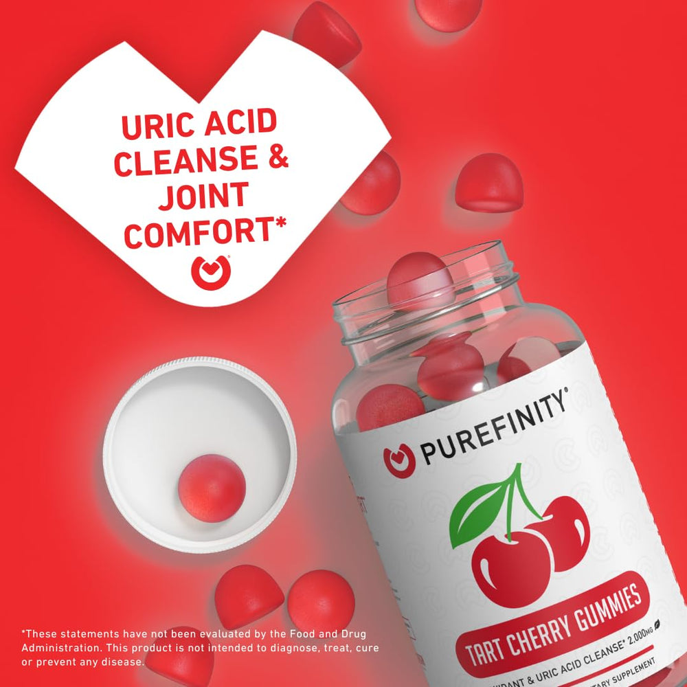 PUREFINITY Tart Cherry Gummies pour for on-the-go wellness after workouts.