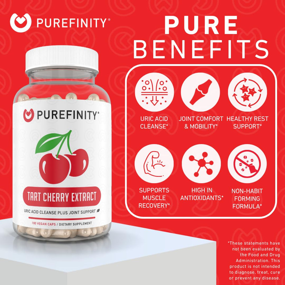 PUREFINITY Tart Cherry capsules being poured for easy daily use.