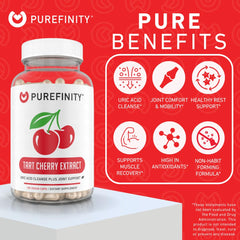 PUREFINITY Tart Cherry capsules being poured for easy daily use.