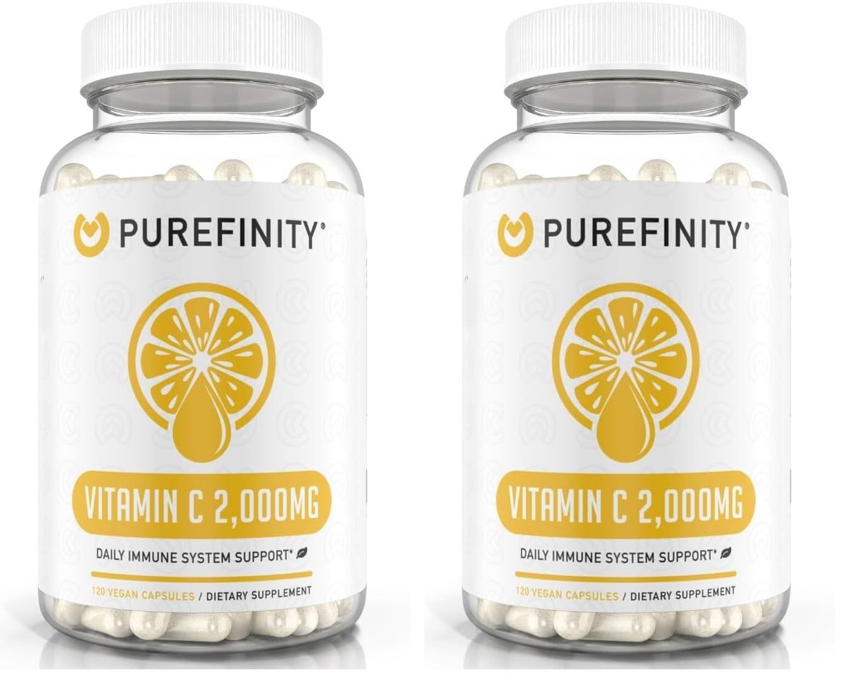 Purefinity Vitamin C 2000mg capsules bottle for daily wellness and high absorption.